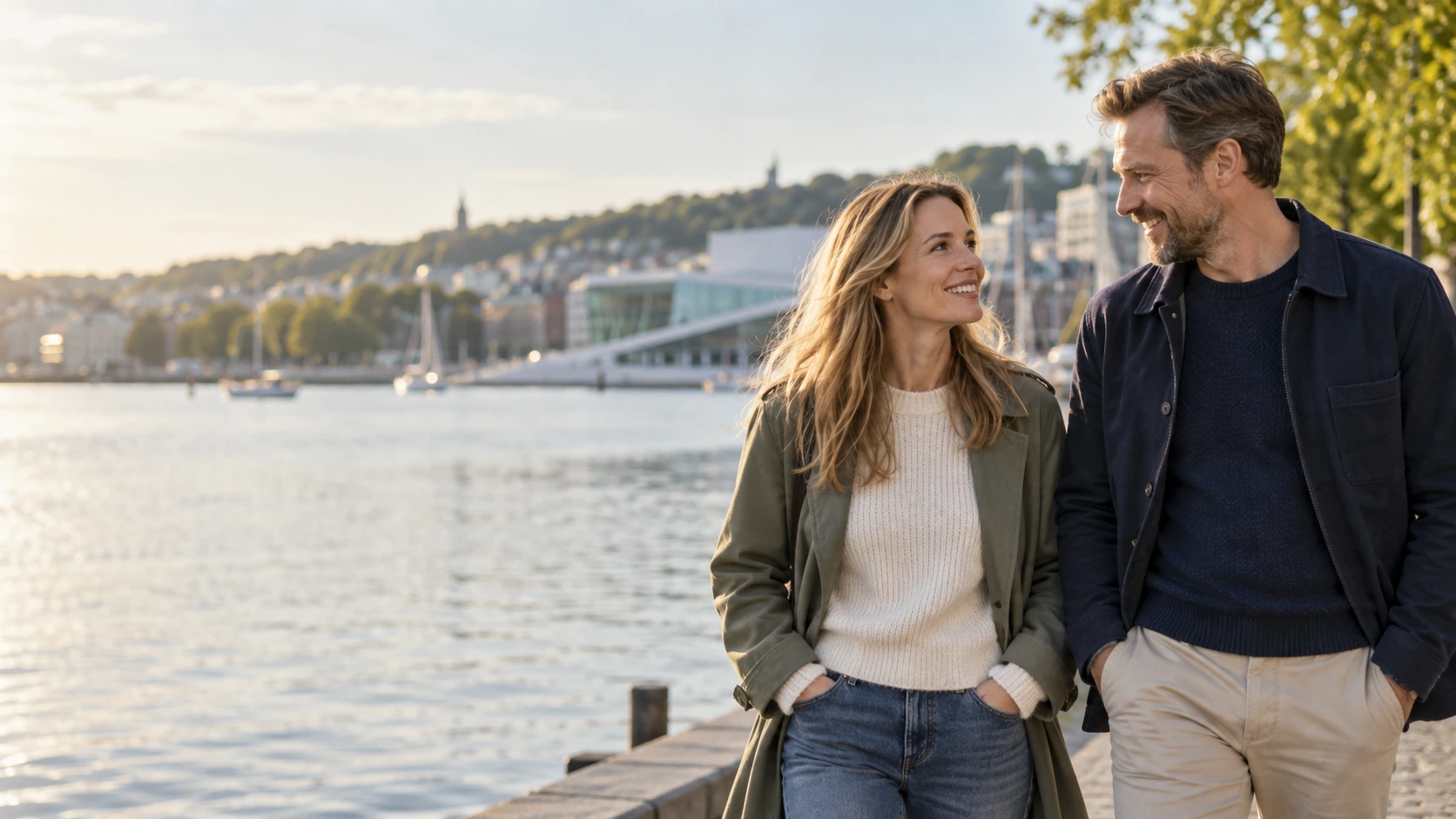 Et voksent par i samtale ved en skandinavisk havnepromenade